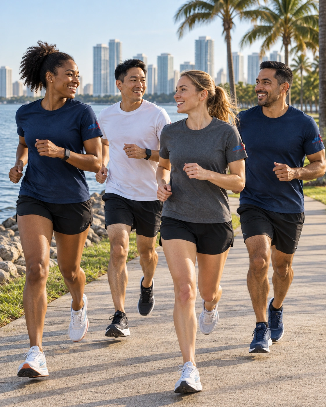 The Runergics crew running together by the waterfront