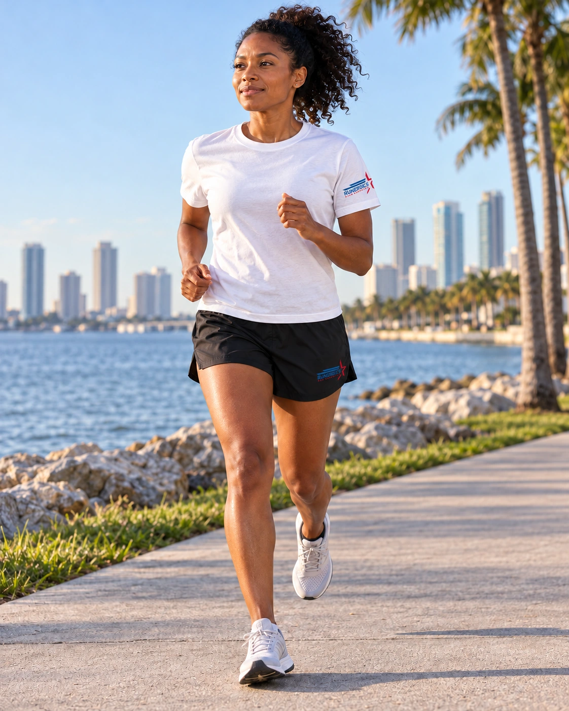Solo runner wearing the white Crew Tee and black Run Short
